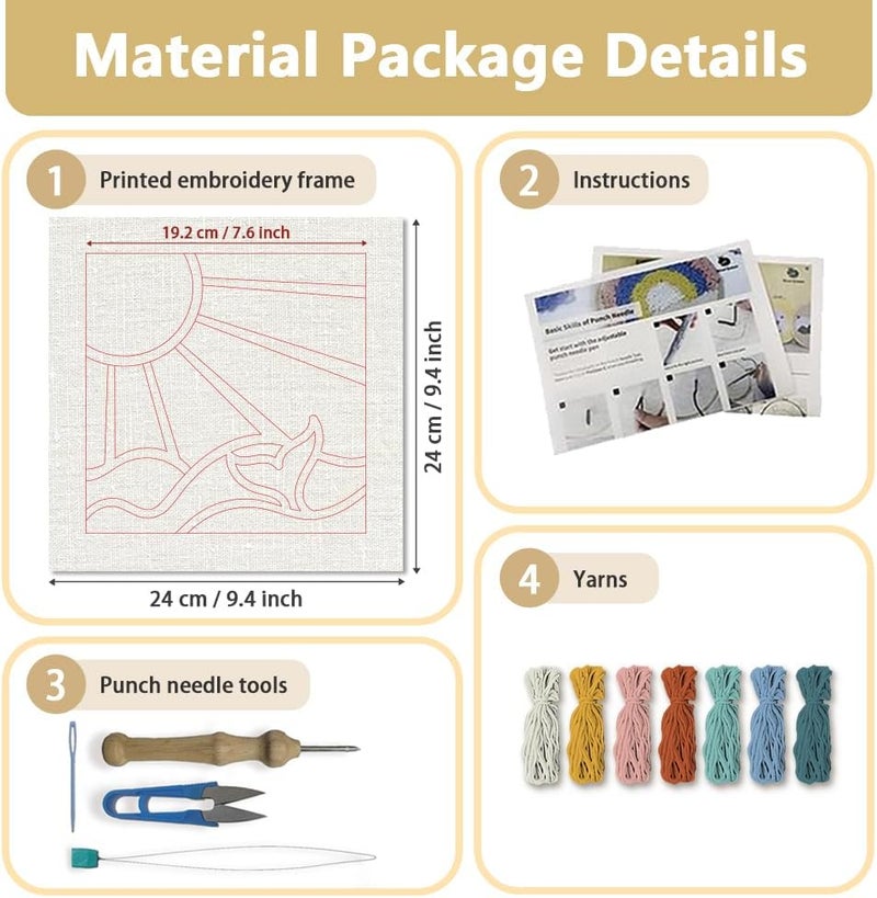 DOODLREAM Bohemian Sun and Ocean DIY Punch Needle Embroidery Kit for Adult Beginner, 9.4" Sun Wave Punch Stitching Craft Set for Starter with Frame, Fabric Pattern, Threader, Yarn, Pinch Needle - Image 2